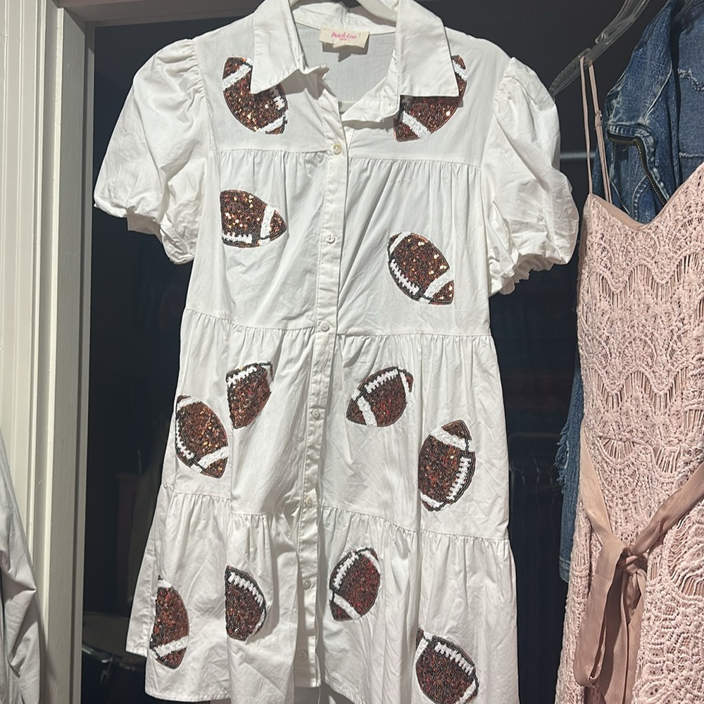 Peach Love Poplin Button Down Tiered Dress with Sequin Footballs - Picture 3 of 5